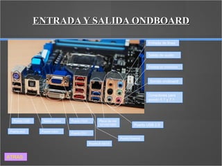 ENTRADA Y SALIDA ONDBOARD Entrada de linea Salida de audio Entrada de microfono Sonido ondboard Conectores para sonido 5.1 y 7.1 Puerto ps2 Puerto USB Salida optica Puerto hdmi Puerto VGA Puerto DVI Puerto E-SATA Puerto firewire Puerto USB 2.0 Placa de red 10/100/1000 ATRAS 