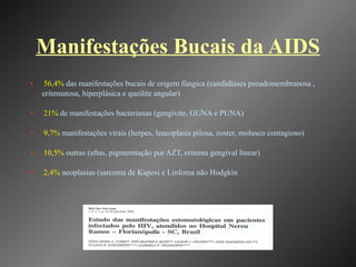 Manifestações Bucais da AIDS 56,4%  das manifestações bucais de origem fúngica (candidíases pseudomembranosa , eritematosa, hiperplásica e queilite angular) 21%  de manifestações bacterianas (gengivite, GUNA e PUNA) 9,7%  manifestações virais (herpes, leucoplasia pilosa, zoster, molusco contagioso) 10,5%  outras (aftas, pigmerntação por AZT, eritema gengival linear) 2,4%  neoplasias (sarcoma de Kaposi e Linfoma não Hodgkin 