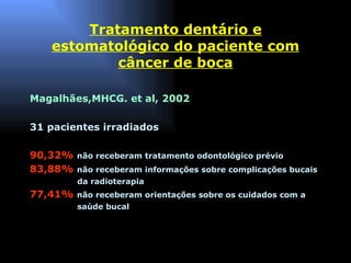 Tratamento dentário e estomatológico do paciente com câncer de boca Magalhães,MHCG. et al, 2002 31 pacientes irradiados 90,32%   não receberam tratamento odontológico prévio 83,88%   não receberam informações sobre complicações bucais  da radioterapia 77,41%   não receberam orientações sobre os cuidados com a  saúde bucal 