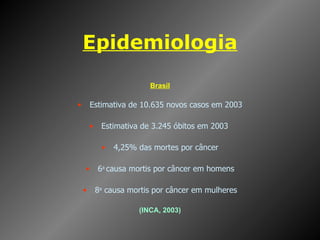 Epidemiologia Brasil Estimativa de 10.635 novos casos em 2003 Estimativa de 3.245 óbitos em 2003  4,25% das mortes por câncer 6 a  causa mortis por câncer em homens 8 a  causa mortis por câncer em mulheres (INCA, 2003) 