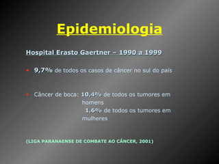 Epidemiologia Hospital Erasto Gaertner – 1990 a 1999 9,7%  de todos os casos de câncer no sul do país Câncer de boca:  10,4%  de todos os tumores em  homens   1,6%  de todos os tumores em  mulheres (LIGA PARANAENSE DE COMBATE AO CÂNCER, 2001) 