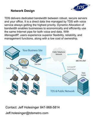 Network Design

TDS delivers dedicated bandwidth between robust, secure servers
and your office. It is a direct data line managed by TDS with voice
service always getting the highest priority. Dynamic Allocation of
bandwidth enables businesses to economically and efficiently use
the same Internet pipe for both voice and data. With
ManagedIP, users experience superior flexibility, reliability, and
management functions, along with a low cost of ownership.




Contact: Jeff Holesinger 847-968-5814
Jeff.holesinger@tdsmetro.com
 