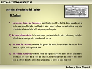 SISTEMA OPERATIVO WINDOWS XP Profesora: Maite Olmedo J.  La zona de teclas de funciones:  Identificadas con F1 hasta F12. Están ubicadas en la parte superior del teclado. La utilidad de estas teclas varía de una aplicación a otra, sólo es estándar el uso de la tecla F1, asignada para la ayuda.  b)  La zona alfanumérica:  Es la zona mayor; contiene todas las letras, números y símbolos, además de teclas especiales como Control, Alt, etc.  c)  La zona de cursores : Contiene dos grupos de teclas de movimiento del cursor. Estas teclas se repiten en la siguiente zona.  d)  El teclado numérico:  Contiene todos los dígitos dispuestos como en una calculadora, además de las teclas de la zona de cursores. Para trabajar con los números necesarios para la entrada de datos en muchas aplicaciones, se activa la tecla Bloq Num.  El Teclado   Métodos abreviados del Teclado   Herramientas de Colaboración Digital 