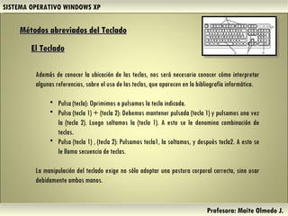 SISTEMA OPERATIVO WINDOWS XP Profesora: Maite Olmedo J.  El Teclado   Métodos abreviados del Teclado   Además de conocer la ubicación de las teclas, nos será necesario conocer cómo interpretar algunas referencias, sobre el uso de las teclas, que aparecen en la bibliografía informática.  Pulsa (tecla): Oprimimos o pulsamos la tecla indicada.  Pulsa (tecla 1) + (tecla 2): Debemos mantener pulsada (tecla 1) y pulsamos una vez la (tecla 2). Luego soltamos la (tecla 1). A esto se le denomina combinación de teclas.  Pulsa (tecla 1) , (tecla 2): Pulsamos tecla1, la soltamos, y después tecla2. A esto se le llama secuencia de teclas.  La manipulación del teclado exige no sólo adoptar una postura corporal correcta, sino usar debidamente ambas manos.  Herramientas de Colaboración Digital 