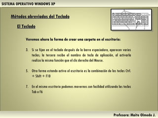 SISTEMA OPERATIVO WINDOWS XP Profesora: Maite Olmedo J.  Veremos ahora la forma de crear una carpeta en el escritorio:  Si se fijan en el teclado después de la barra espaciadora, aparecen varias teclas; la tercera recibe el nombre de tecla de aplicación, al activarla realiza la misma función que el clic derecho del Mouse.  Otra forma estando activo el escritorio es la combinación de las teclas Ctrl. + Shift + F10  En el mismo escritorio podemos movernos con facilidad utilizando las teclas Tab o F6  El Teclado   Métodos abreviados del Teclado   Herramientas de Colaboración Digital 