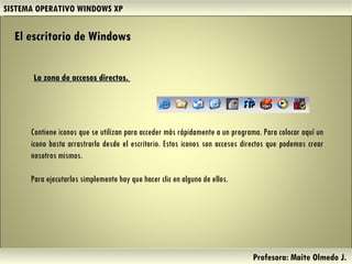 SISTEMA OPERATIVO WINDOWS XP Profesora: Maite Olmedo J.  Contiene iconos que se utilizan para acceder más rápidamente a un programa. Para colocar aquí un icono basta arrastrarlo desde el escritorio. Estos iconos son accesos directos que podemos crear nosotros mismos. Para ejecutarlos simplemente hay que hacer clic en alguno de ellos.  El escritorio de Windows La zona de accesos directos.  Herramientas de Colaboración Digital 