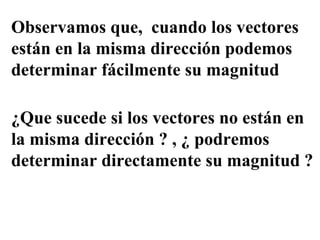 Observamos que,  cuando los vectores están en la misma dirección podemos determinar fácilmente su magnitud  ¿ Que sucede si los vectores no están en la misma dirección  ?  ,  ¿  podremos determinar directamente su magnitud  ? 