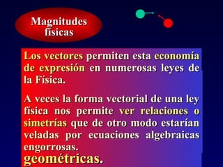 Muchas de las leyes de la física implican no sólo relaciones algebraicas entre cantidades sino también  relaciones geométricas .  En ocasiones las relaciones geométricas  complican  las relaciones algebraicas entre las magnitudes físicas.  Los vectores  permiten esta  economía de expresión  en numerosas leyes de la Física.  A veces la forma vectorial de una ley física nos permite  ver relaciones o simetrías  que de otro modo estarían veladas por ecuaciones algebraicas engorrosas. Magnitudes físicas Sin embargo si usamos  vectores  para representar a las magnitudes físicas se requiere entonces de un  numero menor de ecuaciones  matemáticas para expresar las relaciones entre las magnitudes.  