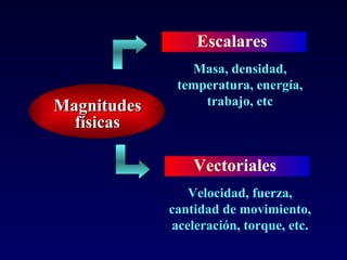 Masa, densidad, temperatura, energía, trabajo, etc Velocidad, fuerza, cantidad de movimiento, aceleración, torque, etc. Magnitudes físicas Escalares  Vectoriales  