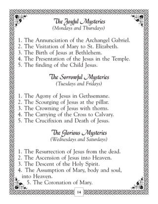 The Joyful Mysteries
                  (Mondays and Thursdays)

1.   The   Annunciation of the Archangel Gabriel.
2.   The   Visitation of Mary to St. Elizabeth.
3.   The   Birth of Jesus at Bethlehem.
4.   The   Presentation of the Jesus in the Temple.
5.   The   finding of the Child Jesus.

                The Sorrowful Mysteries
                   (Tuesdays and Fridays)

1.   The   Agony of Jesus in Gethsemane.
2.   The   Scourging of Jesus at the pillar.
3.   The   Crowning of Jesus with thorns.
4.   The   Carrying of the Cross to Calvary.
5.   The   Crucifixion and Death of Jesus.

                 The Glorious Mysteries
                 (Wednesdays and Saturdays)

1. The Resurrection of Jesus from the dead.
2. The Ascension of Jesus into Heaven.
3. The Descent of the Holy Spirit.
4. The Assumption of Mary, body and soul,
  into Heaven.
    5. The Coronation of Mary.
                             14
 