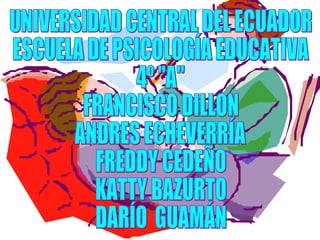 UNIVERSIDAD CENTRAL DEL ECUADOR ESCUELA DE PSICOLOGÍA EDUCATIVA 4º &quot;A&quot; FRANCISCO DILLON ANDRES ECHEVERRÍA FREDDY CEDEÑO KATTY BAZURTO DARÍO  GUAMÁN  