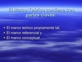 El Marco Teórico contiene tres partes claves: El marco teórico propiamente tal,  El marco referencial y  El marco conceptual  