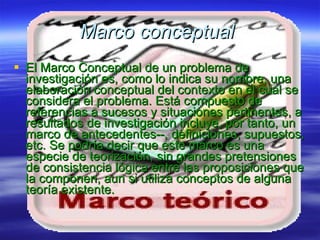 Marco conceptual  El Marco Conceptual de un problema de investigación es, como lo indica su nombre, una elaboración conceptual del contexto en el cual se considera el problema. Está compuesto de referencias a sucesos y situaciones pertinentes, a resultados de investigación incluye, por tanto, un marco de antecedentes--, definiciones, supuestos, etc. Se podría decir que este marco es una especie de teorización, sin grandes pretensiones de consistencia lógica entre las proposiciones que la componen, aun si utiliza conceptos de alguna teoría existente.  
