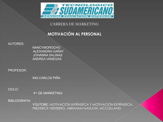 CARRERA DE MARKETING MOTIVACIÓN AL PERSONAL AUTORES:   NANCYMOROCHO           ALEXANDRA GAÑAY           JOHANNA SALINAS ANDREA VANEGAS PROFESOR: ING.CARLOS PIÑA CICLO:  4º- DE MARKETING BIBLIOGRAFIA: YOUTOBE: MOTIVACIÓN INTRÍNSECA Y MOTIVACIÓN EXTRÍNSECA.FREDERICK HERZBERG, ABRAHAM MASLOW, MCCLELLAND. 