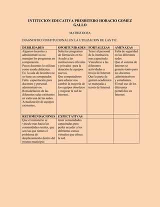 INTITUCION EDUCATIVA PRESBITERO HORACIO GOMEZ
                        GALLO

                                       MATRIZ DOFA

DIAGNOSTICO INSTITUCIONAL EN LA UTILIZACION DE LAS TIC.

DEBILIDADES                   OPORTUNIDADES             FORTALEZAS            AMENAZAS
Algunos docentes y            Solicitar programas       Tener al personal     Falta de seguridad
administrativos no            de formación en tic.      de la institución     en las diferentes
manejan los programas en      Acudir a las              mas capacitado.       sedes.
computación.                  instituciones oficiales   Vincularse a las      Que el sistema de
Pocos docentes lo utilizan    y privados para la        diferentes            Internet se
como ayuda didáctica.         dotación de equipos       actividades a         gratuito tanto para
En la sala de docentes no     nuevos.                   través de Internet.   los docentes
se tiene un computador.       Que computadores          Que la parte de       ,administrativos
Falta capacitación para       para educar nos           gestión académica     y estudiantes.
docentes y personal           cambie la mayoría de      se manejada a         El mal uso de los
administrativos.              los equipos obsoletos     través de Internet    diferentes
Remodelación de las           y mejorar la red de                             portafolios en
diferentes salas existentes   Internet..                                      Internet.
en cada una de las sedes.
Actualización de equipos
existentes..


RECOMENDACIONES               EXPECTATIVAS
Que el ministerio se          tener comunidades
vincule mas hacia las         capacitadas para
comunidades rurales, que      poder acceder a los
son las que tienen el         diferentes cursos
problema de                   virtuales que ofrece
desplazamiento dentro del     la red.
mismo municipio
 