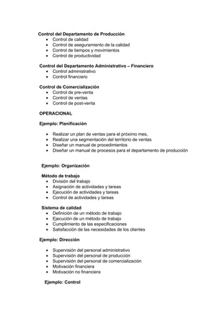 Control del Departamento de Producción
   • Control de calidad
   • Control de aseguramiento de la calidad
   • Control de tiempos y movimientos
   • Control de productividad

Control del Departamento Administrativo – Financiero
  • Control administrativo
  • Control financiero

Control de Comercialización
  • Control de pre-venta
  • Control de ventas
  • Control de post-venta

OPERACIONAL

Ejemplo: Planificación

   •   Realizar un plan de ventas para el próximo mes,
   •   Realizar una segmentación del territorio de ventas
   •   Diseñar un manual de procedimientos
   •   Diseñar un manual de procesos para el departamento de producción


 Ejemplo: Organización

 Método de trabajo
  • División del trabajo
  • Asignación de actividades y tareas
  • Ejecución de actividades y tareas
  • Control de actividades y tareas

 Sistema de calidad
   • Definición de un método de trabajo
   • Ejecución de un método de trabajo
   • Cumplimiento de las especificaciones
   • Satisfacción de las necesidades de los clientes

Ejemplo: Dirección

   •   Supervisión del personal administrativo
   •   Supervisión del personal de producción
   •   Supervisión del personal de comercialización
   •   Motivación financiera
   •   Motivación no financiera

   Ejemplo: Control
 