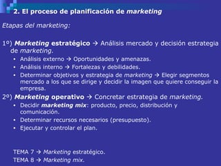 2. El proceso de planificación de  marketing Etapas del marketing: 1º)  Marketing  estratégico     Análisis mercado y decisión estrategia de  marketing. Análisis externo    Oportunidades y amenazas. Análisis interno    Fortalezas y debilidades. Determinar objetivos y estrategia de  marketing     Elegir segmentos mercado a los que se dirige y decidir la imagen que quiere conseguir la empresa. 2º)  Marketing  operativo    Concretar estrategia de  marketing. Decidir  marketing mix : producto, precio, distribución y comunicación. Determinar recursos necesarios (presupuesto). Ejecutar y controlar el plan. TEMA 7     Marketing  estratégico. TEMA 8     Marketing mix.  