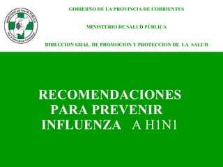 RECOMENDACIONES  PARA PREVENIR  INFLUENZA  A H1N1   GOBIERNO DE LA PROVINCIA DE CORRIENTES MINISTERIO DE SALUD PÚBLICA DIRECCION GRAL. DE PROMOCION Y PROTECCION DE  LA  SALUD 