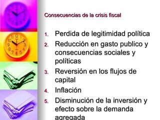 Consecuencias de la crisis fiscal Perdida de legitimidad política Reducción en gasto publico y consecuencias sociales y políticas Reversión en los flujos de capital Inflación Disminución de la inversión y efecto sobre la demanda agregada 
