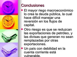 Conclusiones El mayor riego macroeconómico lo crea la deuda pública, la cual hace difícil manejar una reversión en los flujos de capital. Otro riesgo es que se reduzcan las exportaciones de petróleo, y las divisas que generan no sean remplazadas por otras exportaciones. Un país con debilidad en la cuenta corriente está vulnerable. 