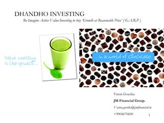 DHANDHO INVESTING  Re-Imagine Active-Value-Investing to buy ‘Growth at Reasonable Price’ ( G.A.R.P ) Varun Goenka JM Financial Group. [email_address] +9004670600 