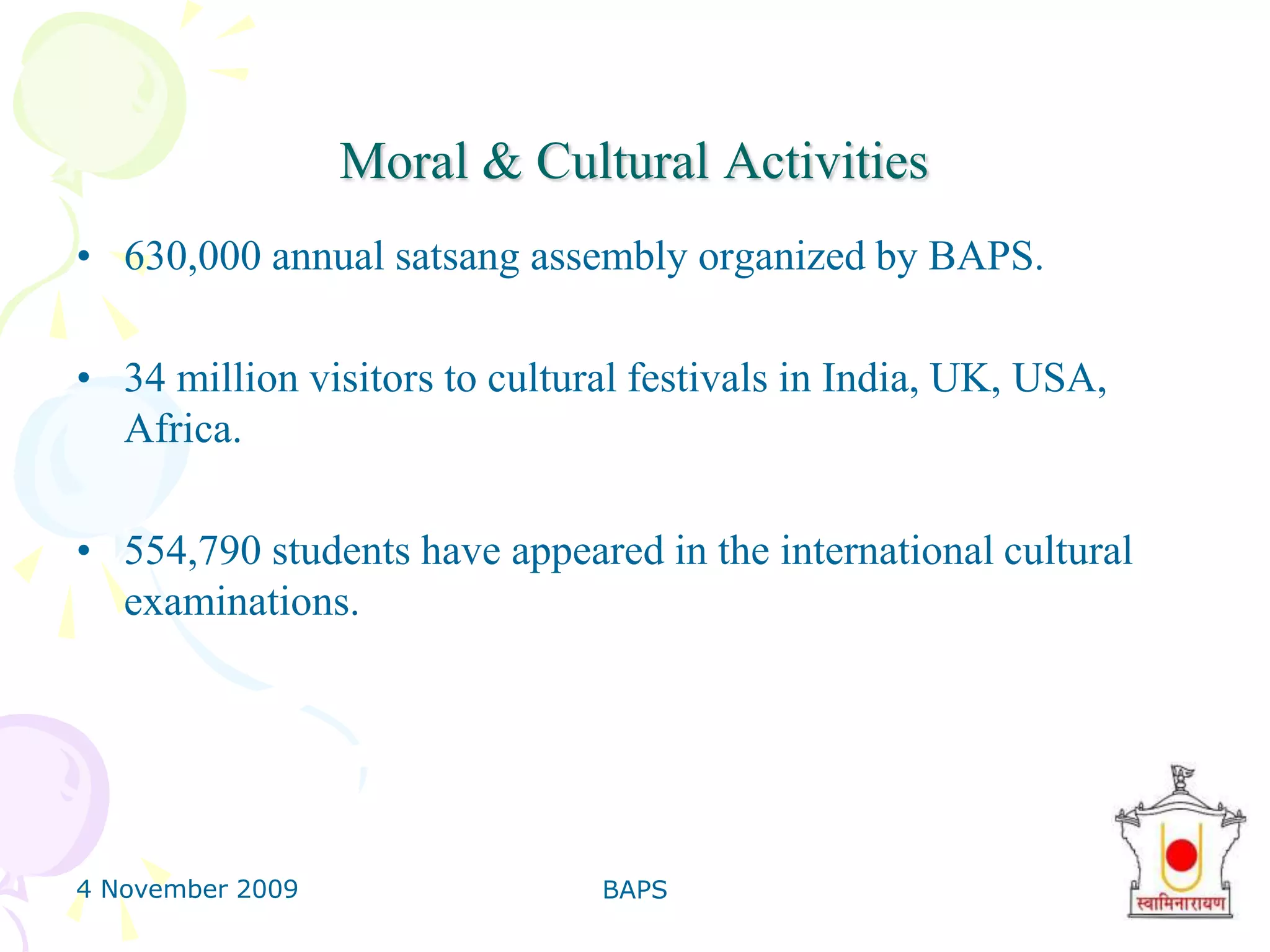 4 November 2009BAPS23Other Women Activities1. Anti-dowry Campaign2. Health & Medical3. Education Help4. Exhibitions for Women5. Regional, National & International Competitions6. International Conventions7. BAPS Women Volunteer Force8. Social Activities Conducted by Women9. Moral Centre10. Cultural Activities11. Publications