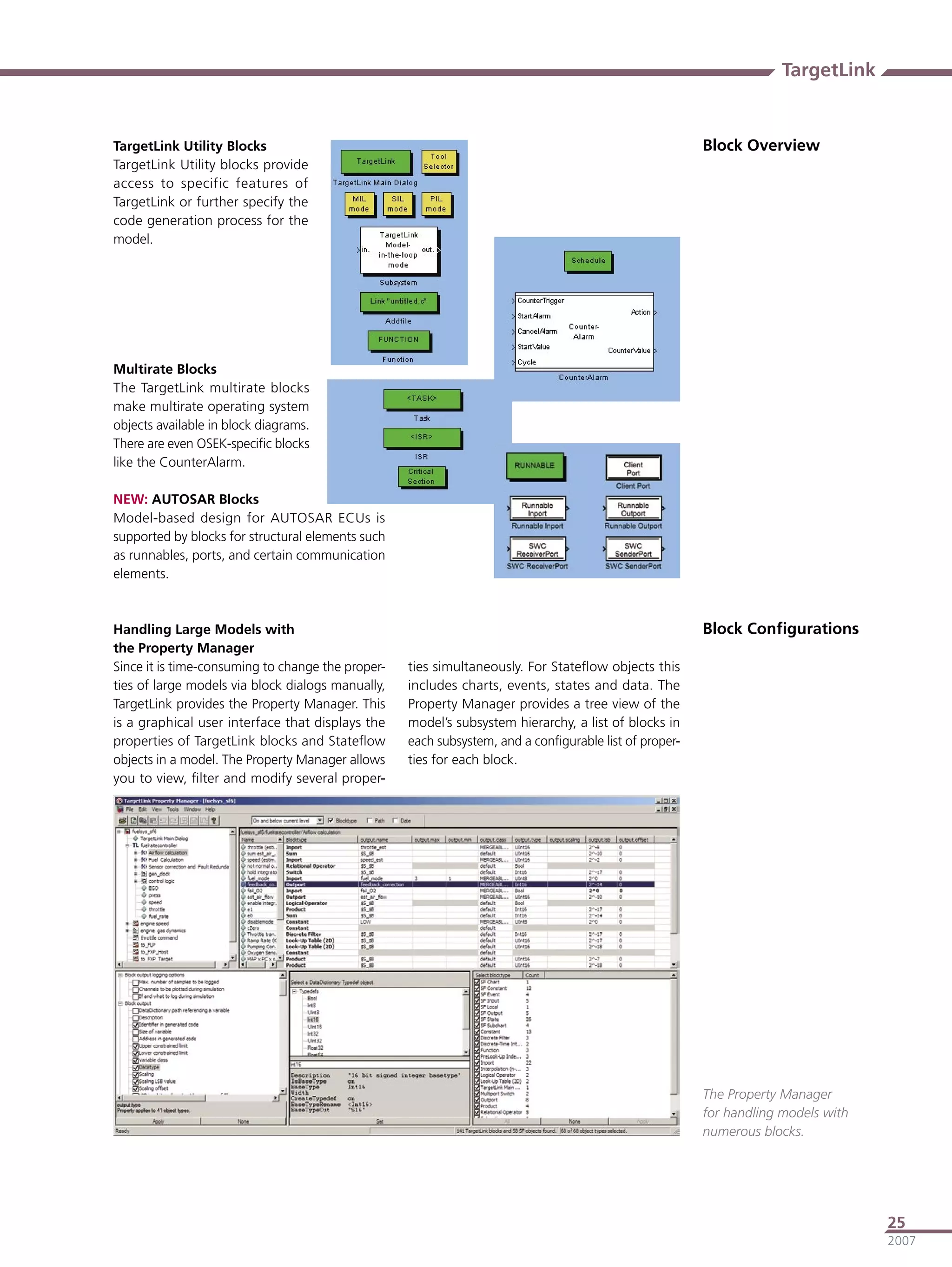 TargetLink


TargetLink Utility Blocks                                                                              Block Overview
TargetLink Utility blocks provide
access to specific features of
TargetLink or further specify the
code generation process for the
model.




Multirate Blocks
The TargetLink multirate blocks
make multirate operating system
objects available in block diagrams.
There are even OSEK-speciﬁc blocks
like the CounterAlarm.

NEW: AUTOSAR Blocks
Model-based design for AUTOSAR ECUs is
supported by blocks for structural elements such
as runnables, ports, and certain communication
elements.



Handling Large Models with                                                                             Block Conﬁgurations
the Property Manager
Since it is time-consuming to change the proper-   ties simultaneously. For Stateﬂow objects this
ties of large models via block dialogs manually,   includes charts, events, states and data. The
TargetLink provides the Property Manager. This     Property Manager provides a tree view of the
is a graphical user interface that displays the    model’s subsystem hierarchy, a list of blocks in
properties of TargetLink blocks and Stateﬂow       each subsystem, and a conﬁgurable list of proper-
objects in a model. The Property Manager allows    ties for each block.
you to view, ﬁlter and modify several proper-




                                                                                                       The Property Manager
                                                                                                       for handling models with
                                                                                                       numerous blocks.




                                                                                                                                  25
                                                                                                                                  2007
 
