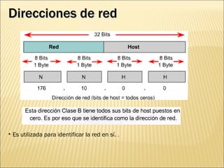 Direcciones de red Es utilizada para identificar la red en sí.  . 