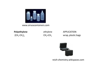 Polyethylene ethylene APPLICATION  (CH 2 -CH 2 ) n  CH 2 =CH 2   wrap, plastic bags www.airseacontainers.com reich-chemistry.wikispaces.com 