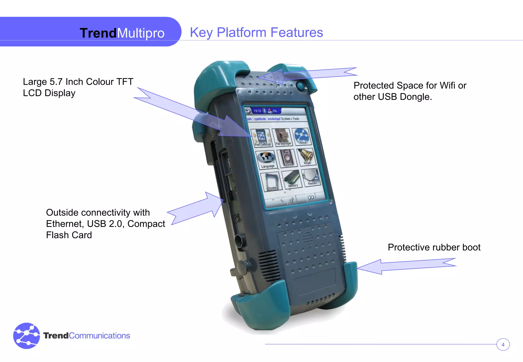 Trend Multipro Large 5.7 Inch Colour TFT LCD Display Protected Space for Wifi or other USB Dongle. Outside connectivity with Ethernet, USB 2.0, Compact Flash Card Key Platform Features Protective rubber boot