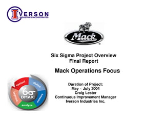Six Sigma Project Overview
       Final Report

 Mack Operations Focus

         Duration of Project:
          May ~ July 2004
            Craig Lester
 Continuous Improvement Manager
       Iverson Industries Inc.
 