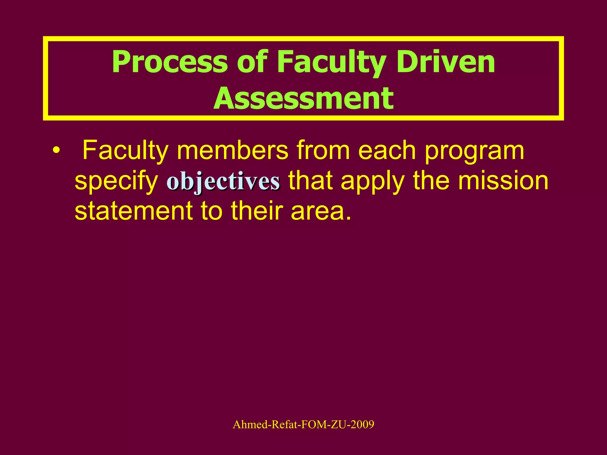 Faculty members from each program specify  objectives  that apply the mission statement to their area. Process of Faculty Driven Assessment 