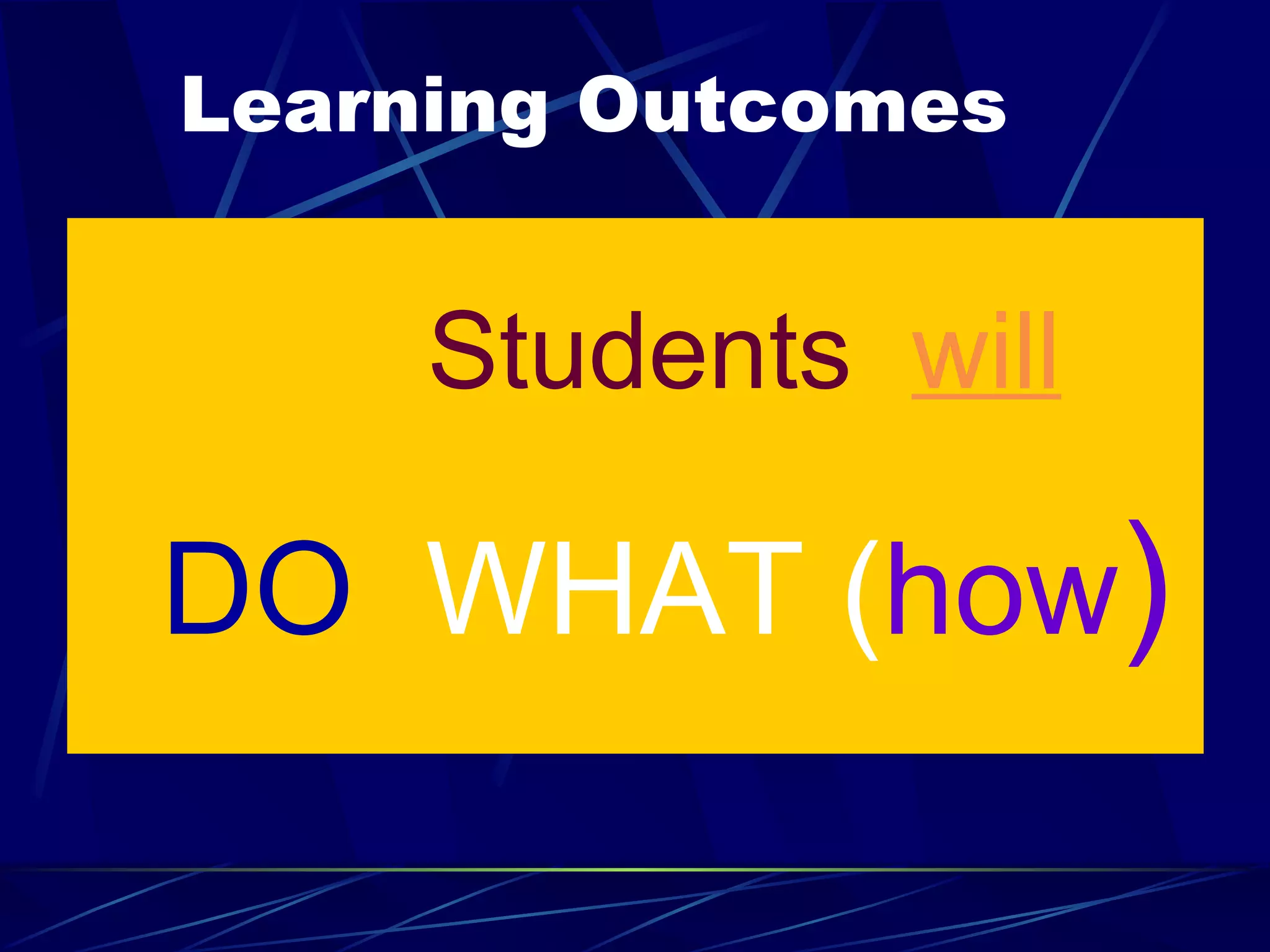 Learning Outcomes   Students  will   DO   WHAT ( how ) 