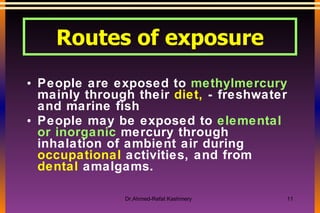 Routes of exposure People are exposed to  methylmercury  mainly through their  diet,  - freshwater and marine fish  People may be exposed to  elemental or inorganic  mercury through inhalation of ambient air during  occupational  activities, and from  dental  amalgams.  