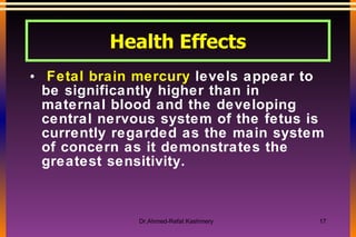 Fetal brain mercury  levels appear to be significantly higher than in maternal blood and the developing central nervous system of the fetus is currently regarded as the main system of concern as it demonstrates the greatest sensitivity.  Health Effects 