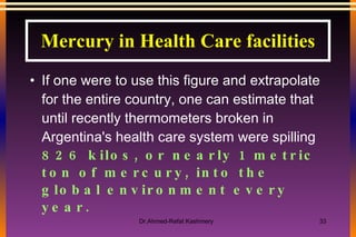 If one were to use this figure and extrapolate for the entire country, one can estimate that until recently thermometers broken in Argentina's health care system were spilling  826 kilos, or nearly 1 metric ton of mercury, into the global environment every year. Mercury in Health Care facilities 