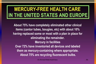 About 75% have completely eliminated other clinical items (cantor tubes, bougies, etc) with about 10% having replaced some or most with a plan in place for eliminating the remainder. Mercury in facilities Over 72% have inventoried all devices and labeled them as mercury-containing where appropriate. About 75% are recycling fluorescent bulbs. MERCURY-FREE HEALTH CARE  IN THE UNITED STATES AND EUROPE 