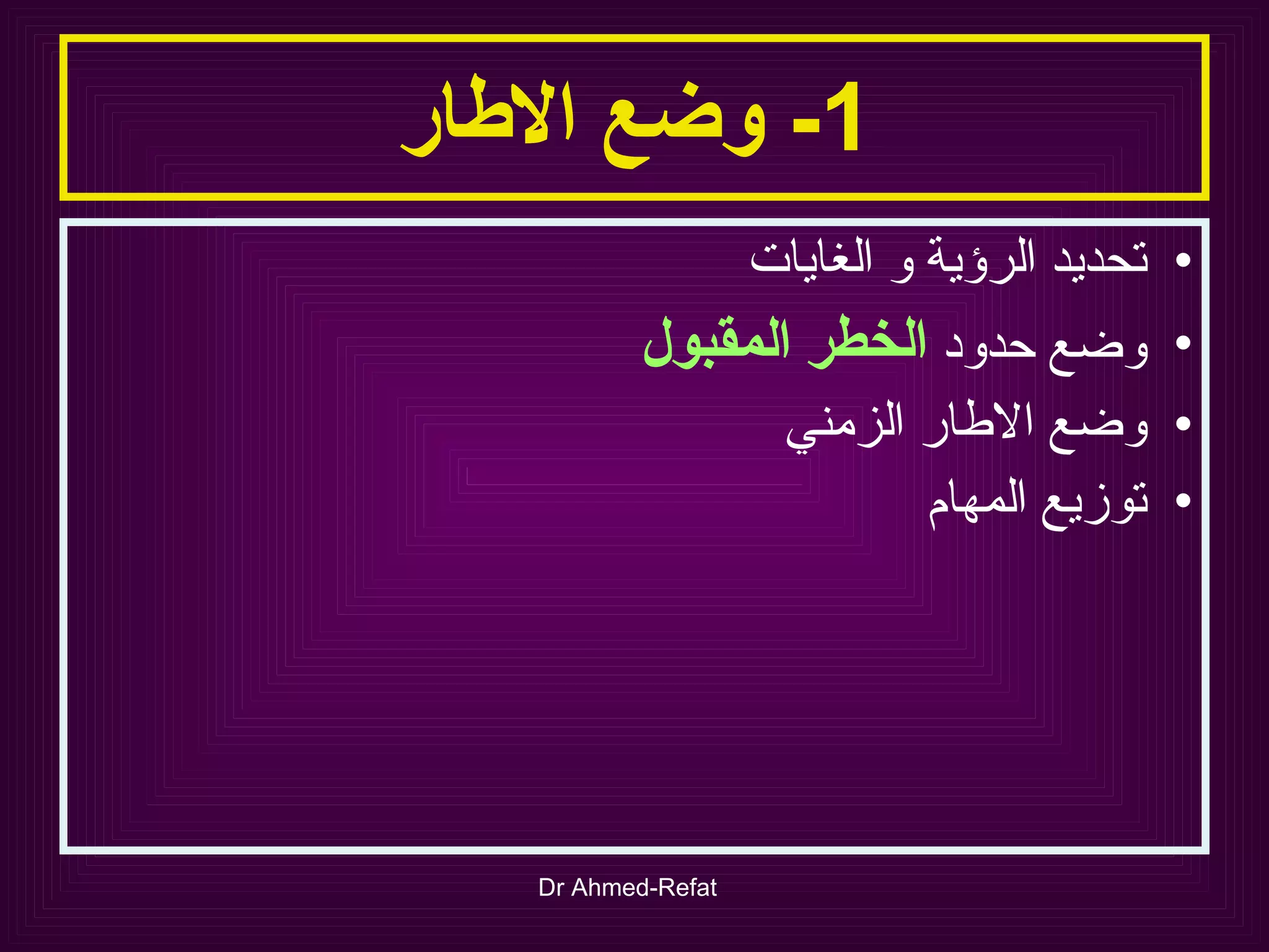 1-  وضع الاطار تحديد الرؤية و الغايات وضع حدود  الخطر   المقبول وضع الاطار الزمني  توزيع المهام 