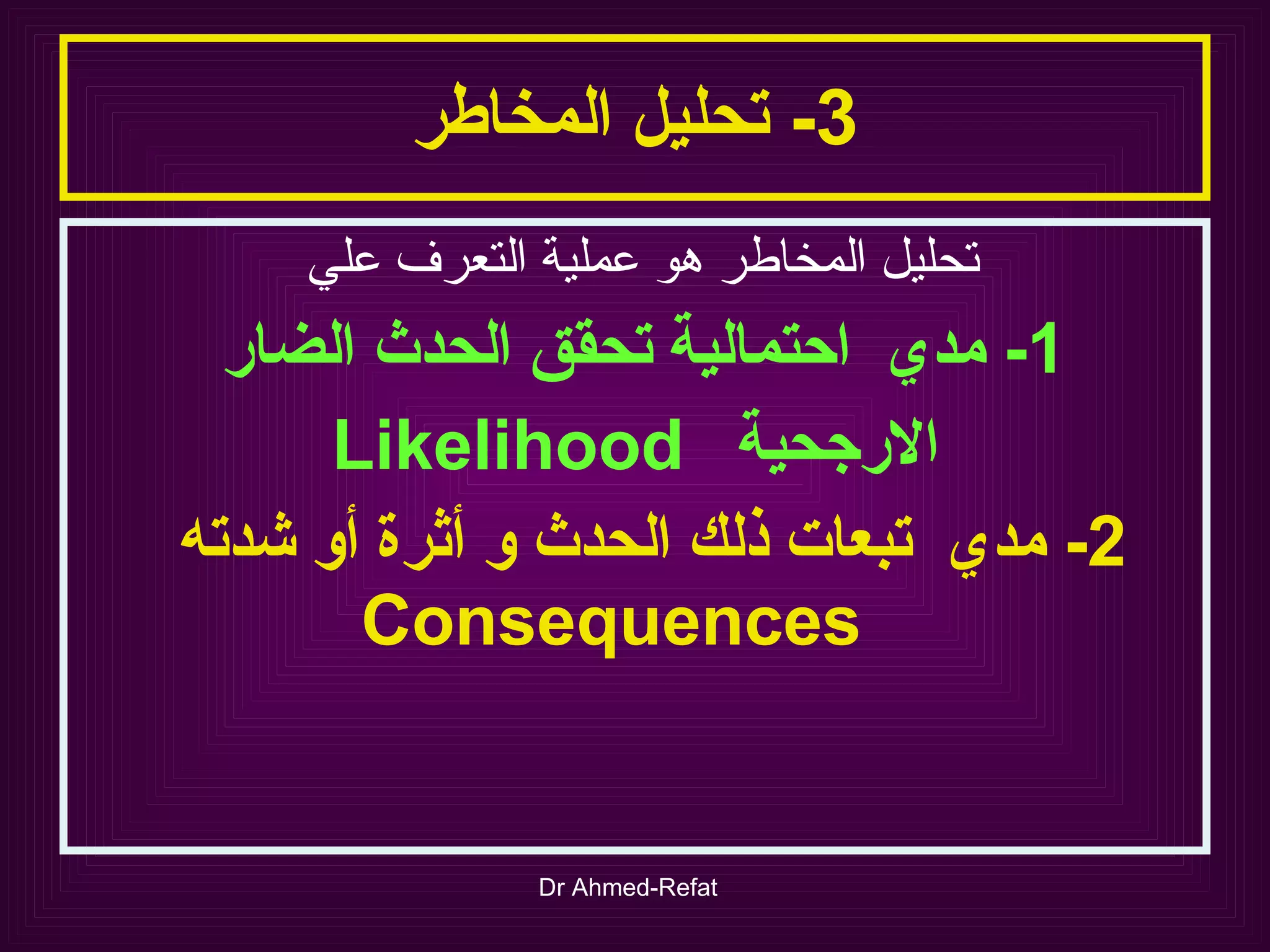 3-  تحليل المخاطر تحليل المخاطر هو عملية التعرف علي  1-  مدي  احتمالية تحقق الحدث الضار  الارجحية  Likelihood 2-  مدي  تبعات ذلك الحدث و أثرة أو شدته  Consequences 