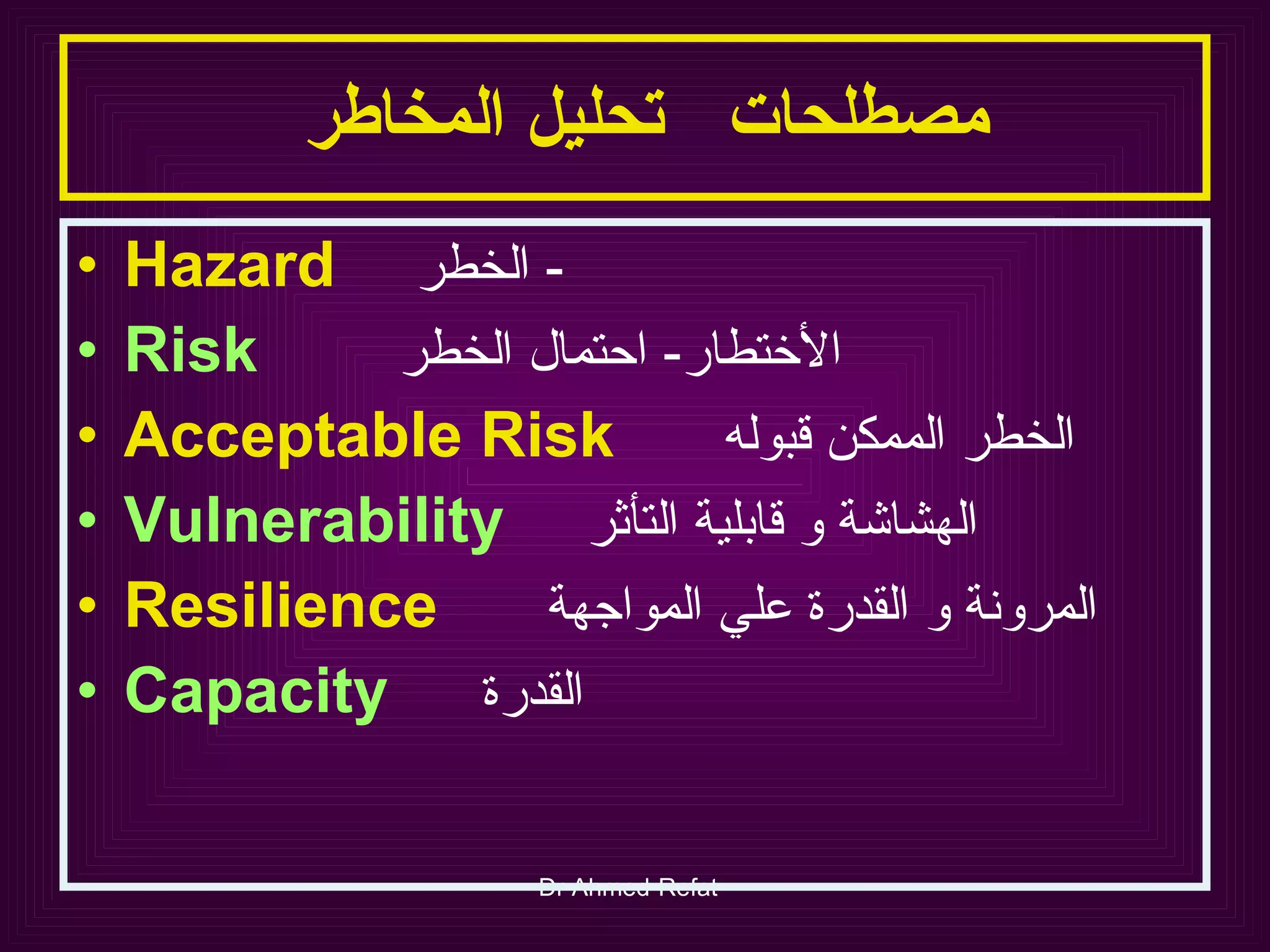مصطلحات  تحليل المخاطر  Hazard  الخطر  -  Risk   الأختطار  -  احتمال الخطر  Acceptable Risk   الخطر الممكن قبوله Vulnerability   الهشاشة و قابلية التأثر Resilience   المرونة و القدرة علي المواجهة Capacity   القدرة  