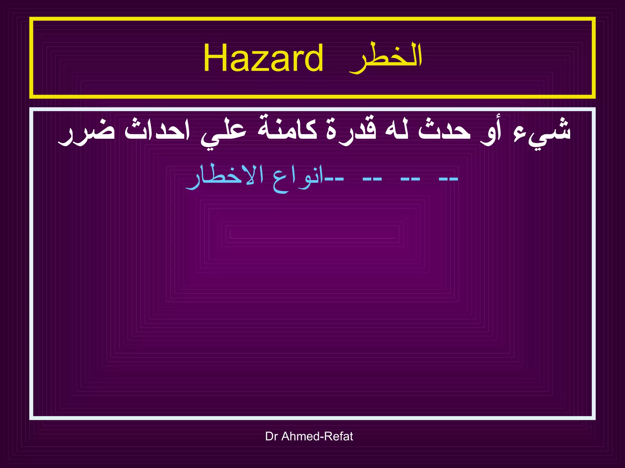 الخطر  Hazard شيء أو حدث له قدرة كامنة علي احداث ضرر انواع الاخطار  --  --  --  -- 