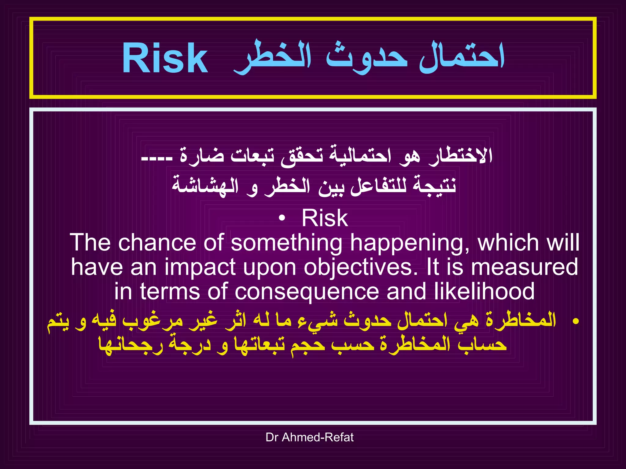 احتمال حدوث الخطر   Risk الاختطار هو احتمالية تحقق  تبعات  ضارة  ----  نتيجة للتفاعل   بين الخطر و الهشاشة Risk The chance of something happening, which will have an impact upon objectives. It is measured in terms of consequence and likelihood المخاطرة هي احتمال حدوث شيء ما له اثر غير مرغوب فيه و يتم حساب المخاطرة حسب حجم تبعاتها و درجة رجحانها 