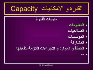 مكونات القدرة المعلومات الصلاحيات المؤسسات المشاركة الخطط و الموارد و الاجراءات اللازمة لتفعيلها -- القدرة و الامكانيات  Capacity 