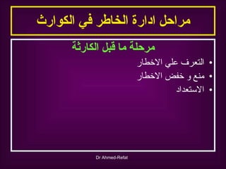 مراحل ادارة الخاطر في الكوارث مرحلة ما قبل الكارثة التعرف علي الاخطار منع و خفض الاخطار الاستعداد 