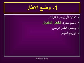 1-  وضع الاطار تحديد الرؤية و الغايات وضع حدود  الخطر   المقبول وضع الاطار الزمني  توزيع المهام 