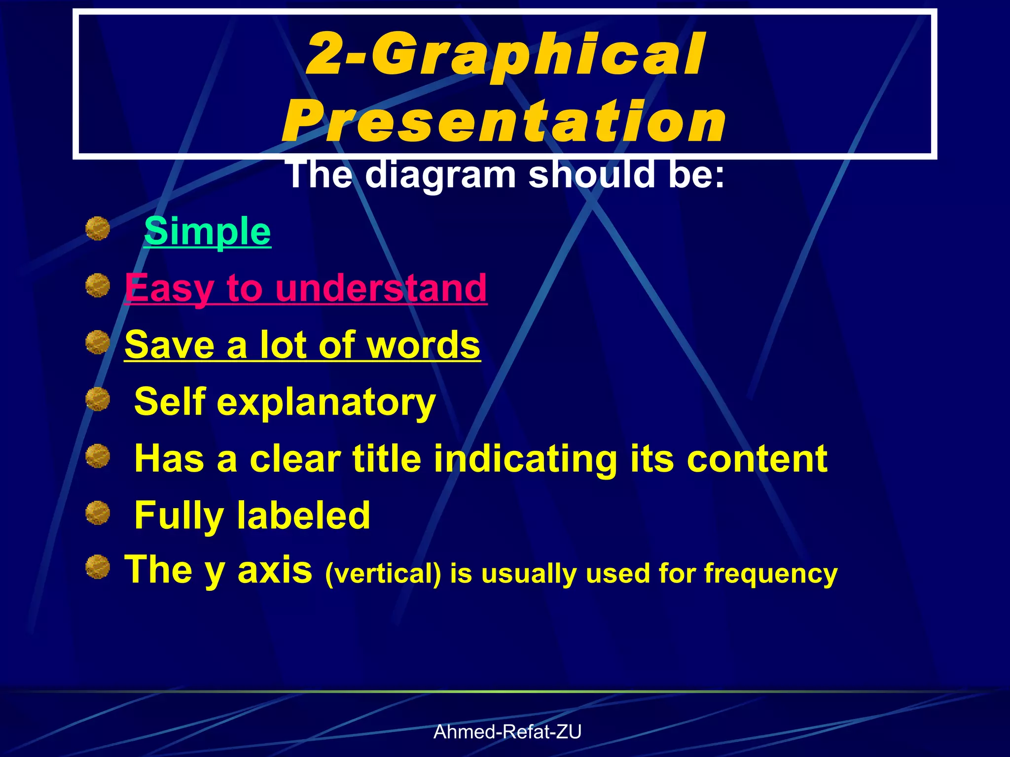 2-Graphical Presentation The diagram should be:    Simple   Easy to understand Save a lot of words Self explanatory  Has a clear title indicating its content  Fully labeled The y axis  (vertical) is usually used for frequency  