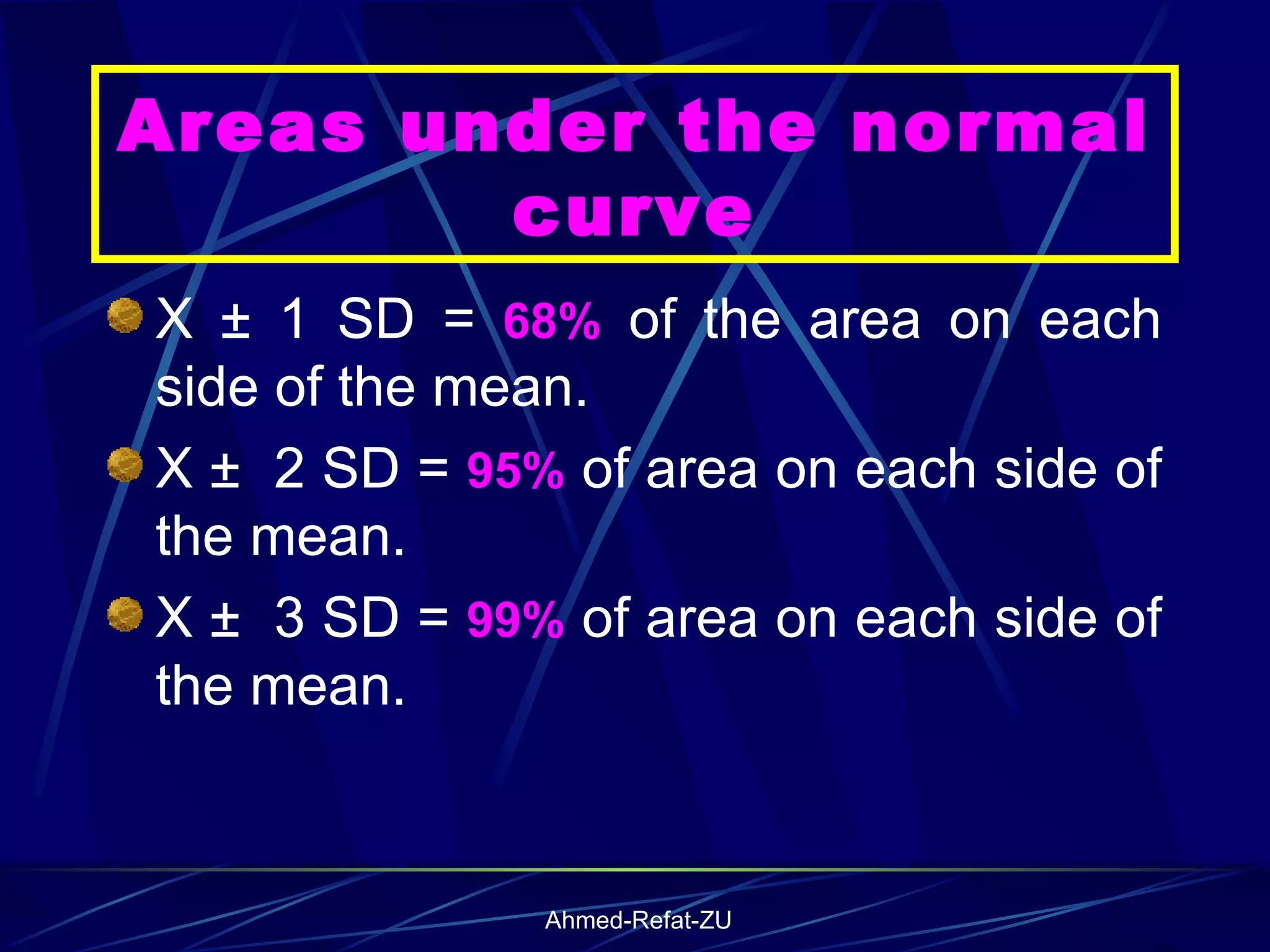 Areas under the normal curve X ± 1 SD =  68%  of the area on each side of the mean. X ±  2 SD =  95%  of area on each side of the mean. X ±  3 SD =  99%  of area on each side of the mean. 