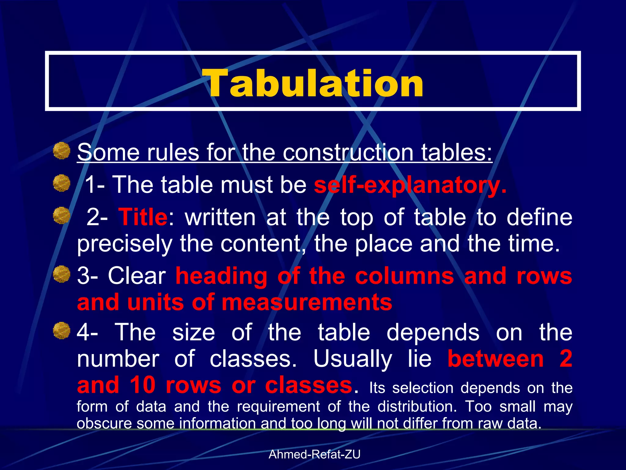 Tabulation Some rules for the construction tables: 1- The table must be  self-explanatory. 2-  Title : written at the top of table to define precisely the content, the place and the time. 3- Clear  heading of the columns and rows and units of measurements   4- The size of the table depends on the number of classes. Usually lie  between 2 and 10 rows or classes .  Its selection depends on the form of data and the requirement of the distribution. Too small may obscure some information and too long will not differ from raw data. 