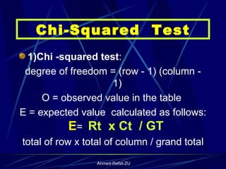 1)Chi -squared test : degree of freedom = (row - 1) (column - 1) O = observed value in the table  E = expected value  calculated as follows:  E =  Rt  x Ct  / GT   total of row x total of column / grand total Chi-Squared  Test 
