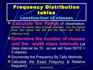 Frequency Distribution tables construction of classes   Calculate the Range  of observation:  subtract the lowest value of blood pressures  from the highest value (the highest was 200 and the lowest was 150) the difference is 50 . Determine the number of classes and the  width class intervals  Let class interval be 10 , so we will have 50/10 = 5 classes.   Enumerate the Frequency By Tally Methods Calculate the Exact Frequncy & Relative frequency 